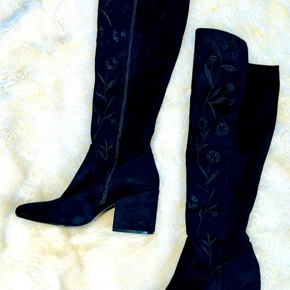 CAFE NOIR Embroidered Knee High Women’s Black Suede Boots, Italian Made EU37 US7 - Picture 3 of 8
